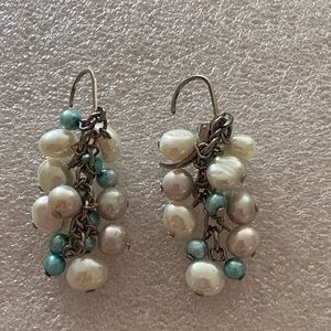 Pearl and Turquoise Dangle Pierced  Earrings